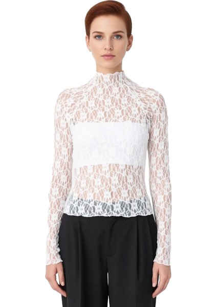 Kadınlar Için Yüksek Yaka Uzun Kollu Vücuda Oturan Esnek Örme Şık Dantel Detaylı Üst Kaliteli fiyatları