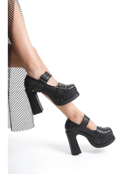 Kadın Viva Iki Toka Baletli (12 cm ) Platform Topuklu Ayakkabı Siyah Cilt