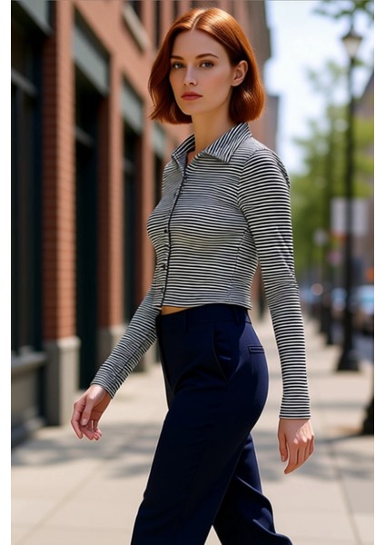 Kadın Esnek Örme Bluz Vücuda Oturan Crop Boy Gömlek Yaka Uzun Kollu Düğmeli Casual Günlük Kışlık modelleri