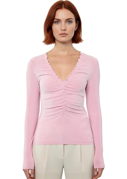 Stil Kadın Büzgü Drape Detaylı Vücuda Oturan Esnek Bluz Regular Örme Slim Kalıp