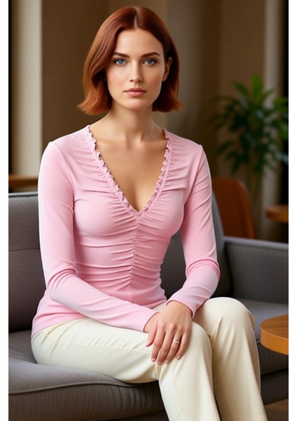 Stil Kadın Büzgü Drape Detaylı Vücuda Oturan Esnek Bluz Regular Örme Slim Kalıp fırsatları