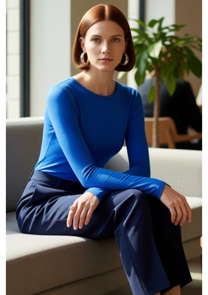 Kadın Moda Şık Üst Giyim Crop Bisiklet Yaka Slim Kalıp Örme Viskon Esnek Bluz