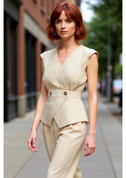 Yazlık Kolsuz Bluz Pamuklu Keten Görünümlü V Yaka Düğmeli Rahat Kesim Özenle Seçilmiş fırsatları