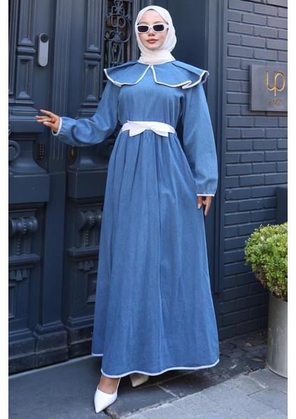 Biye Detaylı Kuşaklı Bebe Yaka Kot Elbise HM2778 Mavi