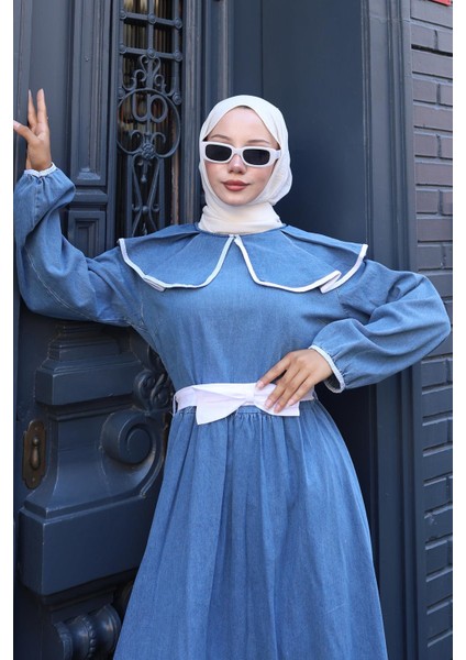 Biye Detaylı Kuşaklı Bebe Yaka Kot Elbise HM2778 Mavi fiyatları