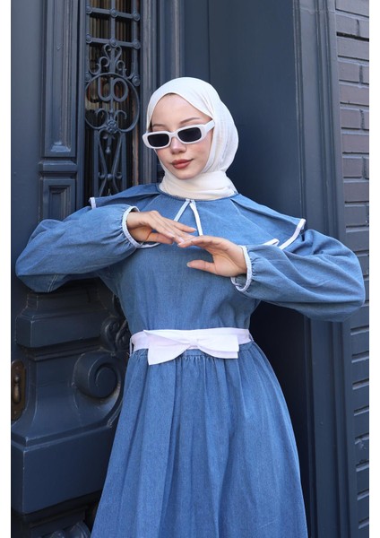 Biye Detaylı Kuşaklı Bebe Yaka Kot Elbise HM2778 Mavi modelleri