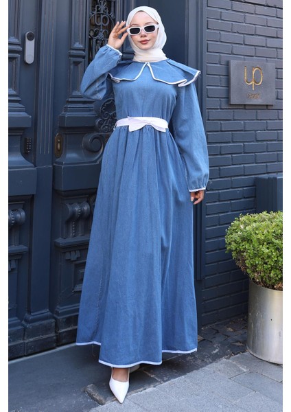 Biye Detaylı Kuşaklı Bebe Yaka Kot Elbise HM2778 Mavi fırsatları