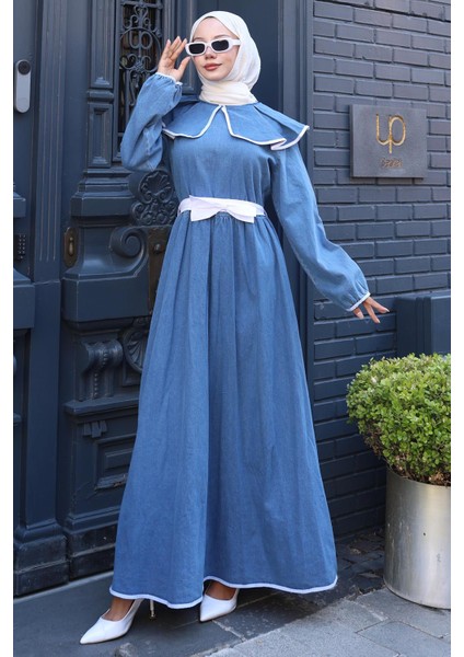 Biye Detaylı Kuşaklı Bebe Yaka Kot Elbise HM2778 Mavi indirimleri