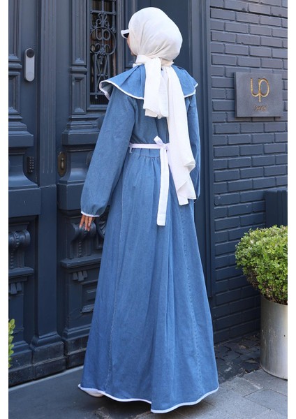 Biye Detaylı Kuşaklı Bebe Yaka Kot Elbise HM2778 Mavi