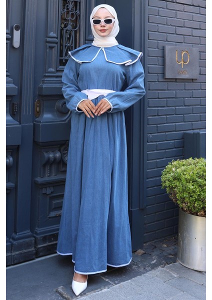 Biye Detaylı Kuşaklı Bebe Yaka Kot Elbise HM2778 Mavi