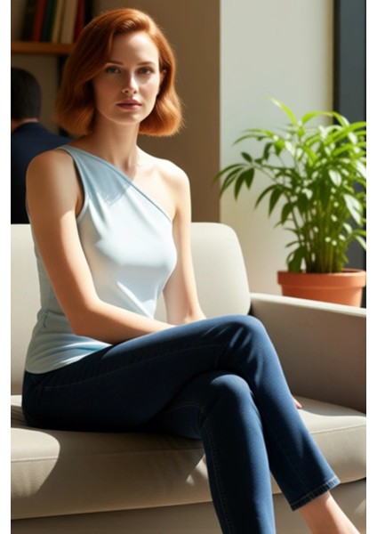 Kadınlar Için Tek Kol Detaylı Keten Degaje Yaka Crop Üst Kaliteli Şık Rahat Modern Zarif Günlük