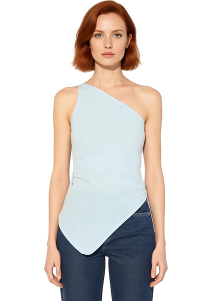 Kadınlar Için Tek Kol Detaylı Keten Degaje Yaka Crop Üst Kaliteli Şık Rahat Modern Zarif Günlük fiyatları