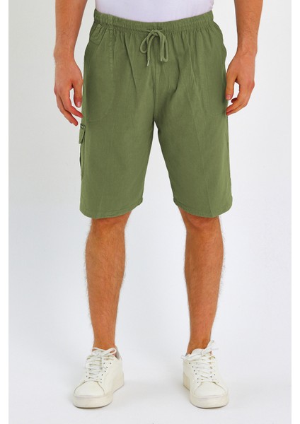 Yazlık Keten Görünümlü Kargo Cep Lastikli, Bol Kesim Toprak Renk Şort 201-46