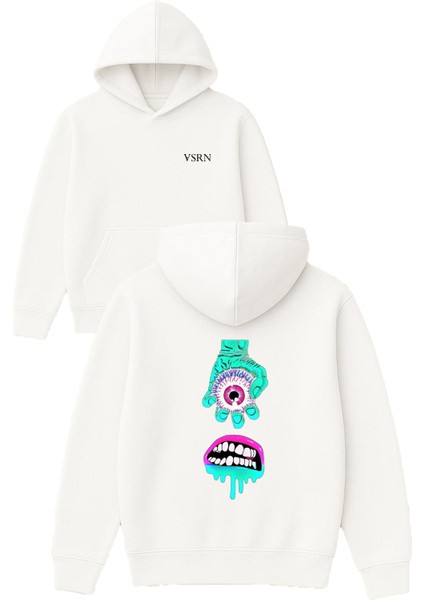 Tek Göz Pembe Tasarım Baskılı Oversize Beyaz Kapüşonlu Sweatshirt