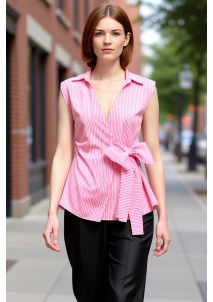 Kadınlar Için Şık Çizgili Bluz Kolsuz Gömlek Yaka Anvelop Tasarım ve Bel Bağlama Detayı Kaliteli fırsatları