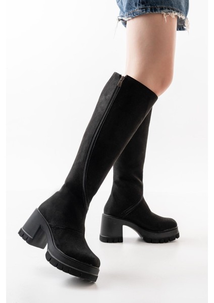 Kadın Döner Fermuarlı Diz Boyu Çizme Siyah Süet