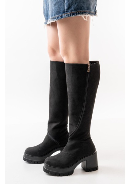 Kadın Döner Fermuarlı Diz Boyu Çizme Siyah Süet fiyatları