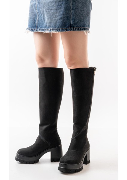 Kadın Döner Fermuarlı Diz Boyu Çizme Siyah Süet modelleri