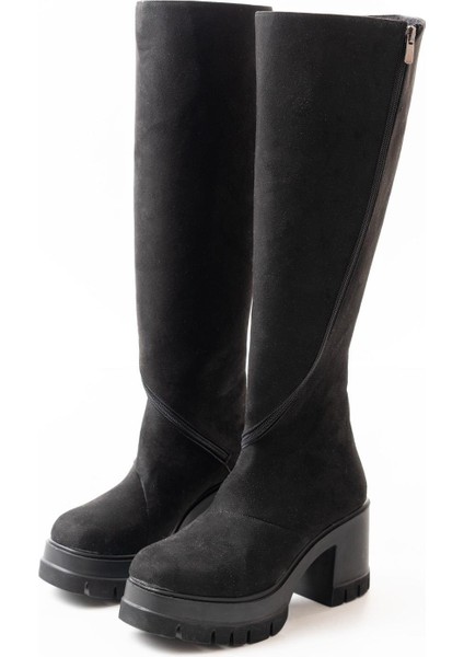 Kadın Döner Fermuarlı Diz Boyu Çizme Siyah Süet indirimleri