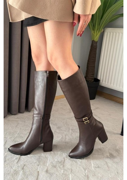 Kadın Mikeno Tokalı Yandan Fermuarlı Diz Altı Çizme Kahverengi
