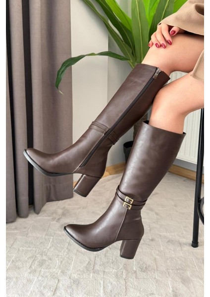 Kadın Mikeno Tokalı Yandan Fermuarlı Diz Altı Çizme Kahverengi fiyatları