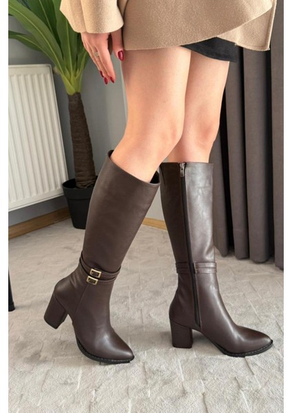Kadın Mikeno Tokalı Yandan Fermuarlı Diz Altı Çizme Kahverengi modelleri
