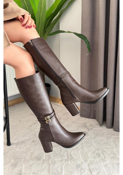 Kadın Mikeno Tokalı Yandan Fermuarlı Diz Altı Çizme Kahverengi fırsatları