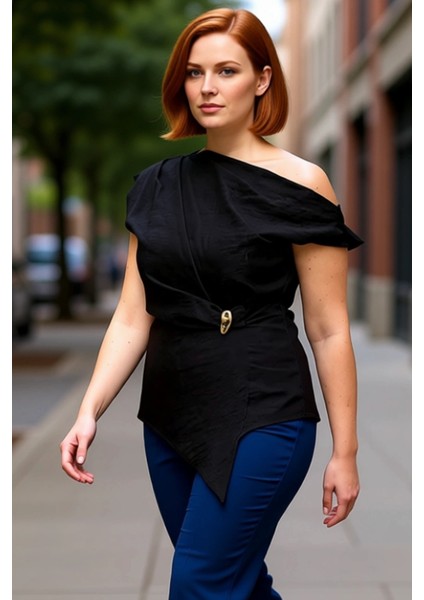 Kadın Asimetrik Kesim Kayık Yaka Detaylı Dokuma Bluz Kaliteli Şık Rahat Modern Zarif