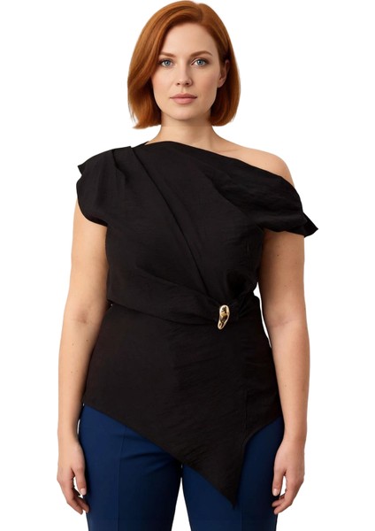 Kadın Asimetrik Kesim Kayık Yaka Detaylı Dokuma Bluz Kaliteli Şık Rahat Modern Zarif modelleri