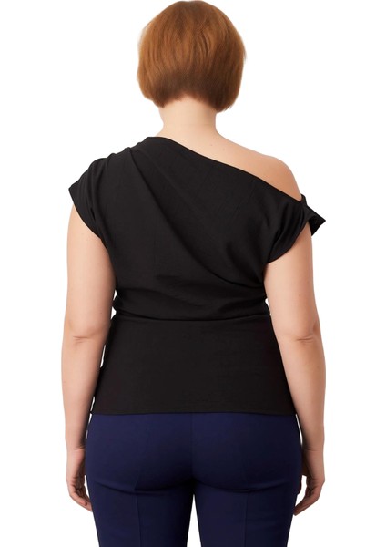 Kadın Asimetrik Kesim Kayık Yaka Detaylı Dokuma Bluz Kaliteli Şık Rahat Modern Zarif fırsatları