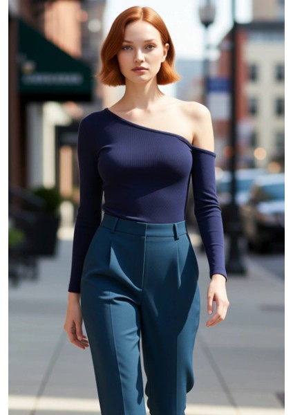 Kadın Asimetrik Yaka Düşük Kol Fitted Örme Bluz Uzun Kollu Crop Kesim Cool Comfort Tarzı Ilkbahar