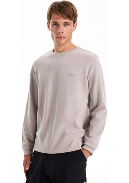 Bisiklet Yaka Düz Koyu Bej Erkek Sweatshırt J5WM-SWT7221