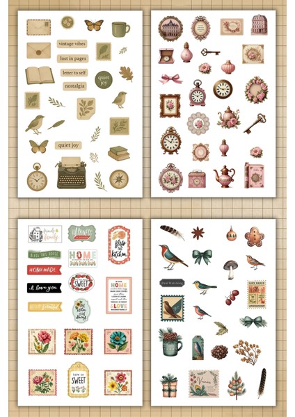 4 Sayfa Vintage Sticker - Ajanda Journal Scrapbook Valiz Telefon Laptop Için Etiket fiyatları