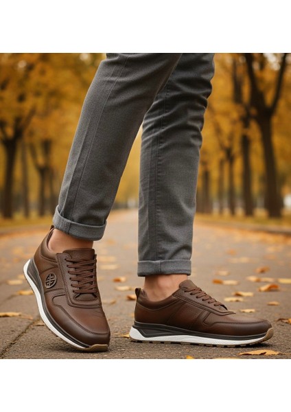 Erkek Günlük Mevsimlik Kışlık Hakiki Deri Kahverengi Ayakkabı Kaydırmaz Taban Ortopedik Bağcıklı