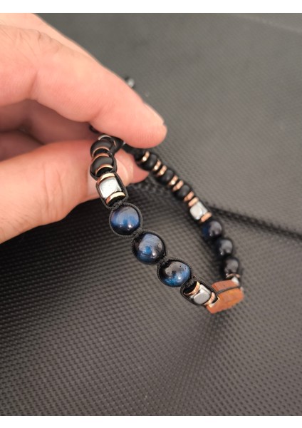 Natürel Serbest Kesim Baltık Damla Kehribar-8 mm Mavi Kaplangözü-Mat Oniks-Hematit Doğaltaş Bileklik Takı Aksesuar Erkek Bileklik
