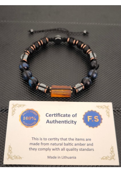 Natürel Serbest Kesim Baltık Damla Kehribar-8 mm Mavi Kaplangözü-Mat Oniks-Hematit Doğaltaş Bileklik Takı Aksesuar Erkek Bileklik