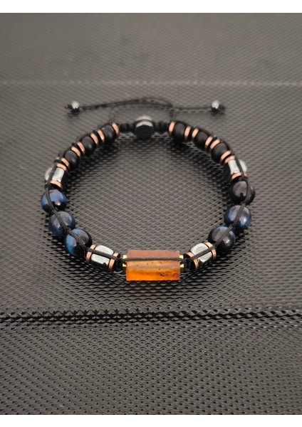 Natürel Serbest Kesim Baltık Damla Kehribar-8 mm Mavi Kaplangözü-Mat Oniks-Hematit Doğaltaş Bileklik Takı Aksesuar Erkek Bileklik