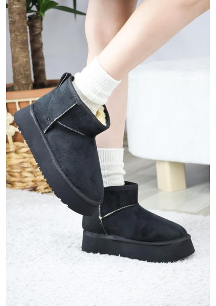 Kadın Pavro Süet Içi Kürklü Kalın Taban ( 4.5 cm ) Mini Kısa Bot Siyah