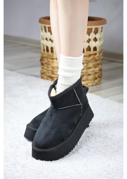 Kadın Pavro Süet Içi Kürklü Kalın Taban ( 4.5 cm ) Mini Kısa Bot Siyah fiyatları