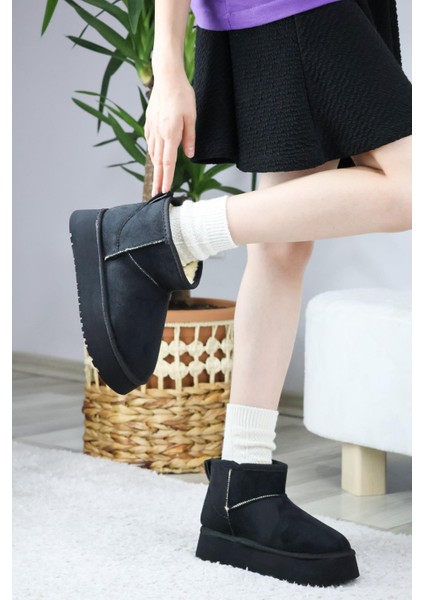 Kadın Pavro Süet Içi Kürklü Kalın Taban ( 4.5 cm ) Mini Kısa Bot Siyah modelleri