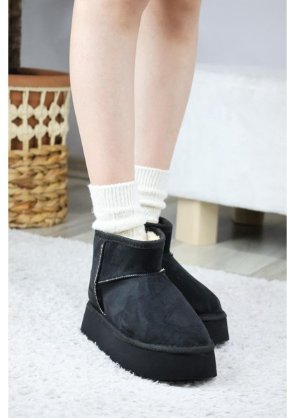 Kadın Pavro Süet Içi Kürklü Kalın Taban ( 4.5 cm ) Mini Kısa Bot Siyah indirimleri