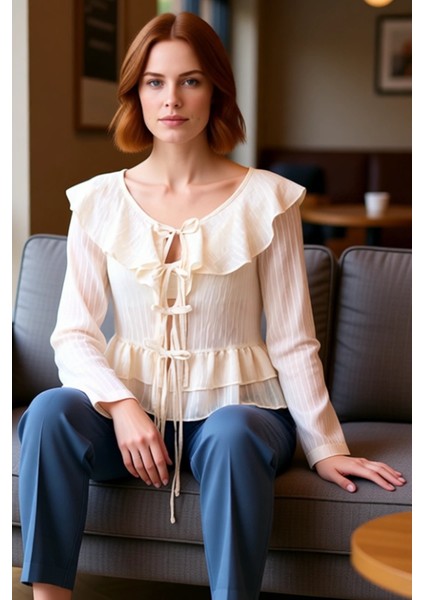 Kadın V Yaka Uzun Kollu Bağcıklı Fırfırlı Bluz Kaliteli Şık Rahat Modern Zarif Günlük