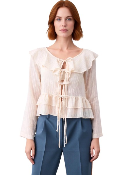 Kadın V Yaka Uzun Kollu Bağcıklı Fırfırlı Bluz Kaliteli Şık Rahat Modern Zarif Günlük fiyatları