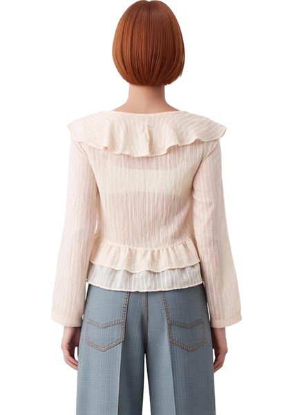 Kadın V Yaka Uzun Kollu Bağcıklı Fırfırlı Bluz Kaliteli Şık Rahat Modern Zarif Günlük modelleri