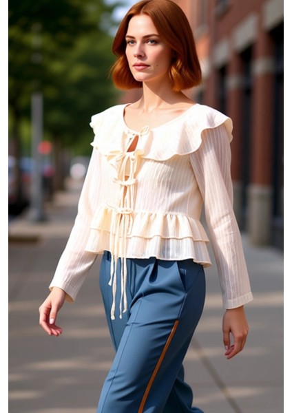 Kadın V Yaka Uzun Kollu Bağcıklı Fırfırlı Bluz Kaliteli Şık Rahat Modern Zarif Günlük fırsatları