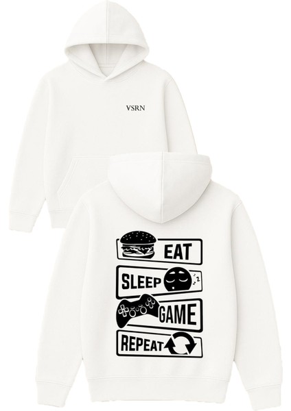 Repeat Game Sleep Tasarım Baskılı Oversize Beyaz Kapüşonlu Sweatshirt