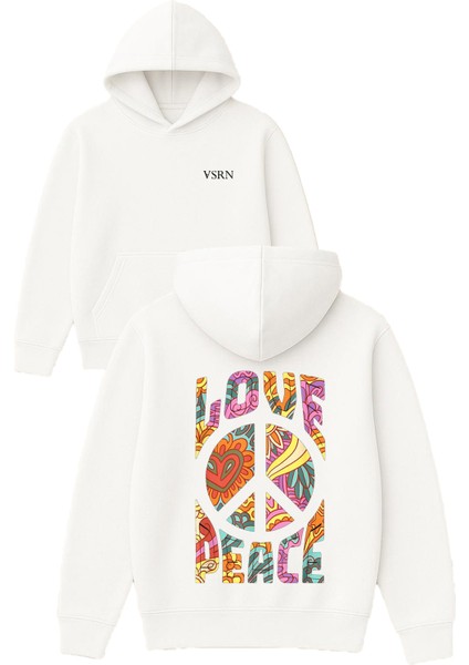 Love Peace Tasarım Baskılı Oversize Beyaz Kapüşonlu Sweatshirt