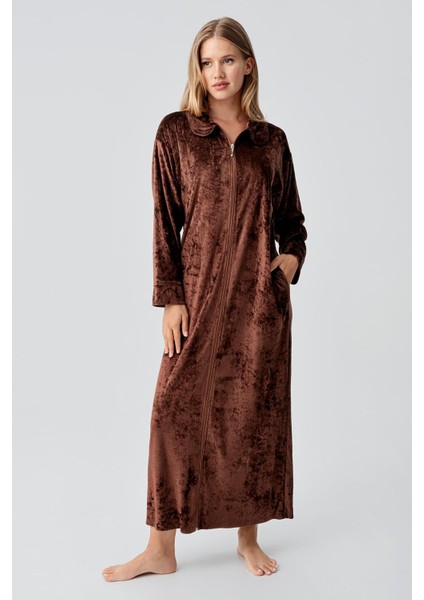 Uzun Kollu Fermuarlı Cepli Esnek Viskoz Kadife Elbise