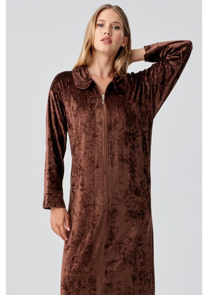 Uzun Kollu Fermuarlı Cepli Esnek Viskoz Kadife Elbise fırsatları