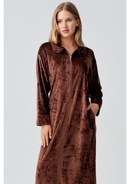 Uzun Kollu Fermuarlı Cepli Esnek Viskoz Kadife Elbise indirimleri